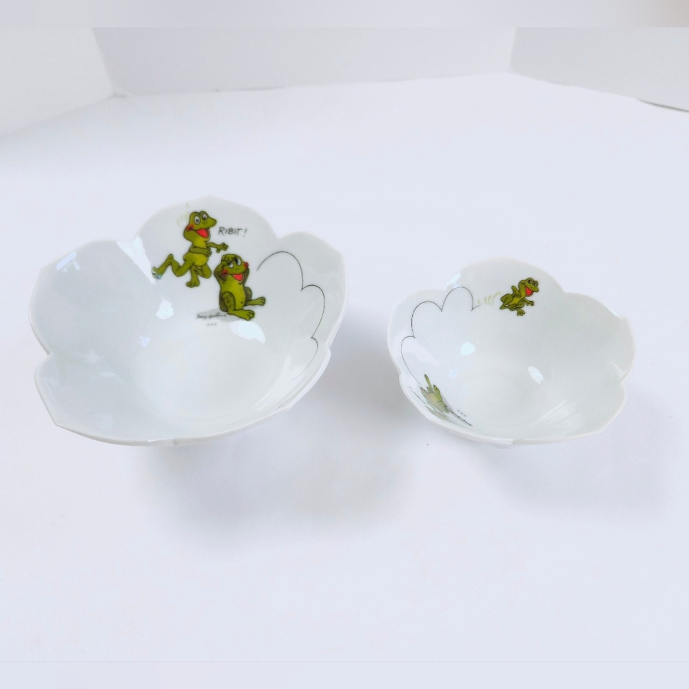 Suzy's Zoo Enesco Set Of 2 Vintage 70s Ceramic White Green Frog Lotus Bowls - Picture 2 of 14